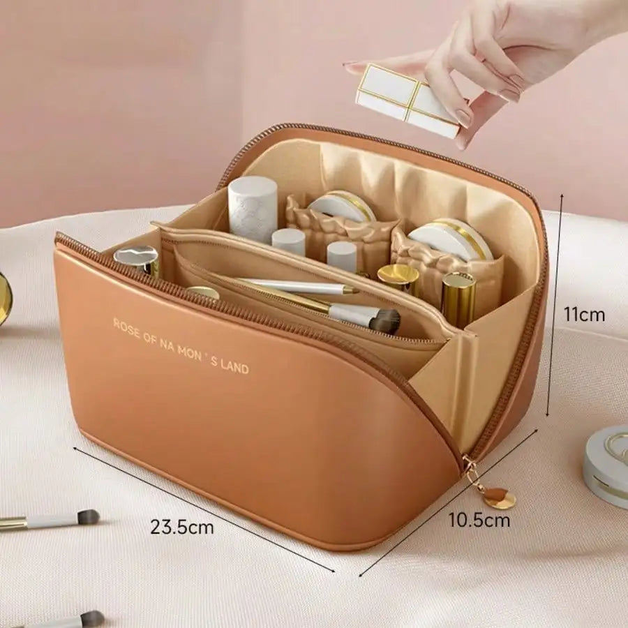 PU Leather Waterproof Cosmetic Bag, Portable Cosmetic Bag, Cosmetics Storage Bag, Large Capacity Spacious Double-Layer Makeup Bag, Suitable For Cosmetics, Skin Care Products, Cosmetic Storage And Storage.