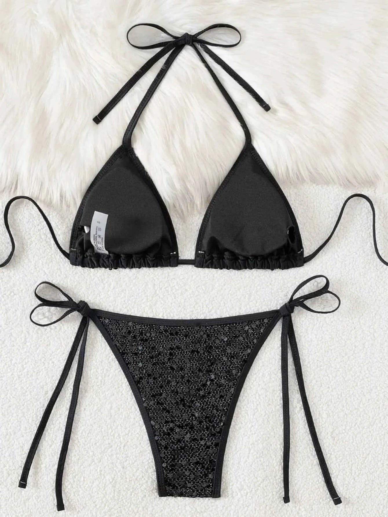 Shiny Sequin Black Bikini Set Women Sexy Push Up Bra Tie Side Triangle Swimsuit 2025 Brazilian Beach Bathing Suit Micro Swimwear