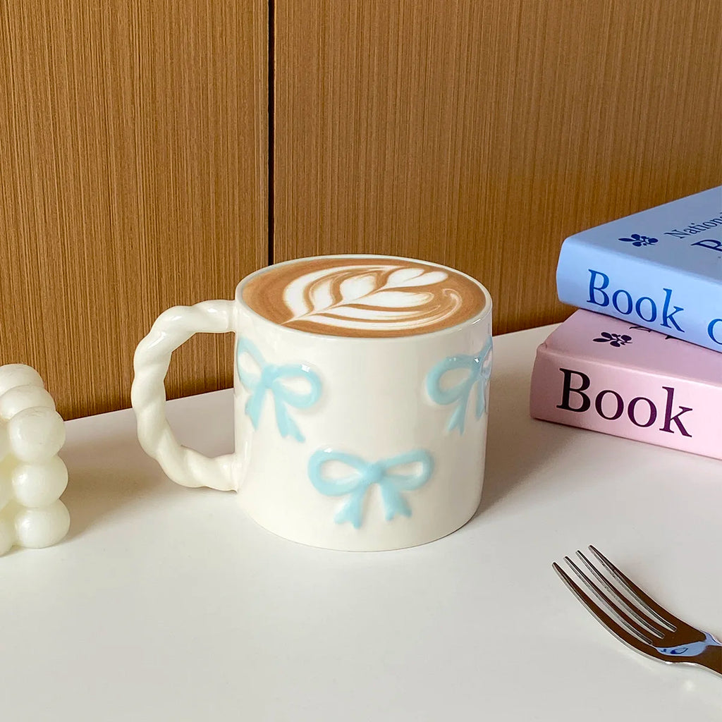 1Pc 13.4oz Pink Ceramic Mug with Bowknot, Ceramic Cup with Twisted Handle, Exquisite and Simple Pink Embossed Cup, Suitable for Latte Art in Coffee Shops, Home Decor Drinkware, Drinking Cup for Kitchen, Living Room, Bedroom,