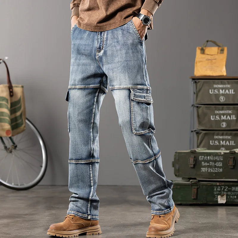 Autumn New Styles Outdoor Men'S Wide Leg Jeans Workwear Multi-Pocket Straight Pents Baggy Jeans Plus Size Tapered Jeans
