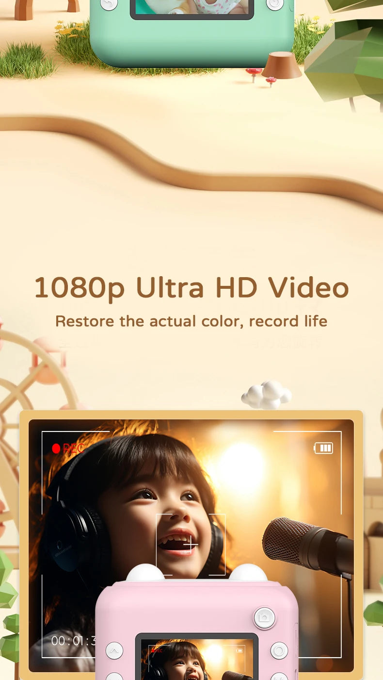 Kids Photo Camera Printer with Game Cute Bunny Mini Digital Video Child Instant Print Camera 4-12 Years Kids Girls Boyes Gifts