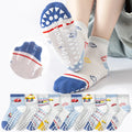 5-Pack Children's Floor Socks with Letter Stripes, Car Patterns, Cartoon Designs, Boys' Baby Walking Socks, Mesh Breathable Soft-Soled Indoor Non-Slip Blue Mid-Tube Socks, Suitable for Casual Daily Life