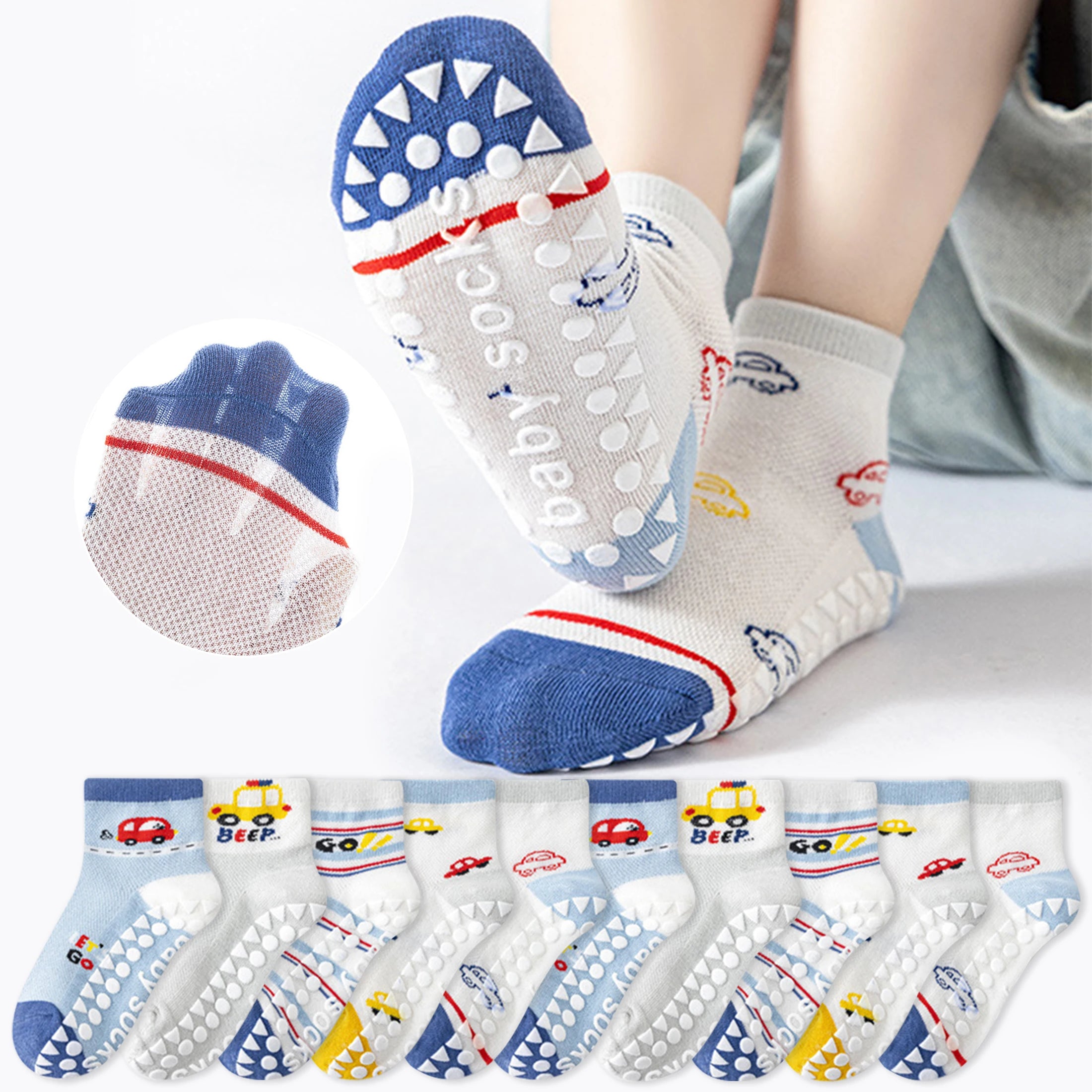 5-Pack Children's Floor Socks with Letter Stripes, Car Patterns, Cartoon Designs, Boys' Baby Walking Socks, Mesh Breathable Soft-Soled Indoor Non-Slip Blue Mid-Tube Socks, Suitable for Casual Daily Life
