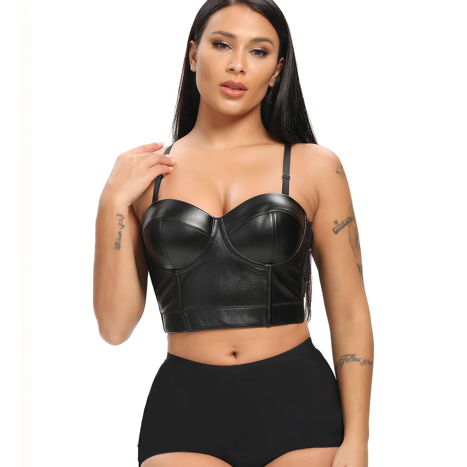 Aonve Women Summer Sexy Top PU Leather Festival Clothing Tops Bralette Cropped Top Female Punk Goth Clubwear Black Red Plus Size