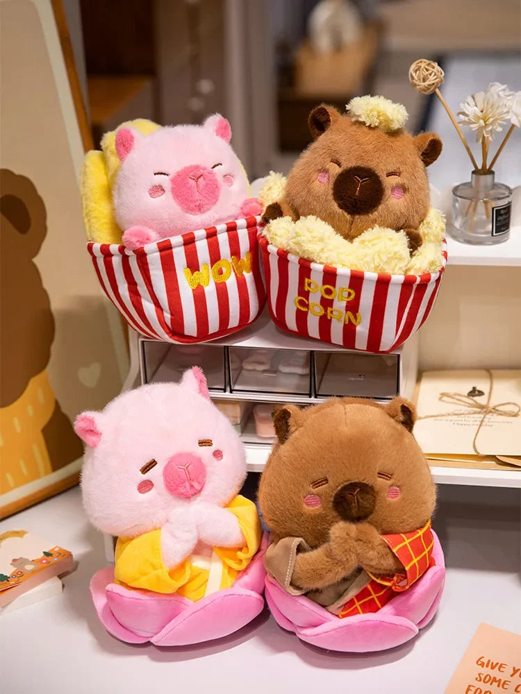 Adorable Plush Pig Bear Capybara Stuffed Animals Set Popcorn Lotus Containers Soft Home Nursery Decor Gift Kids Baby