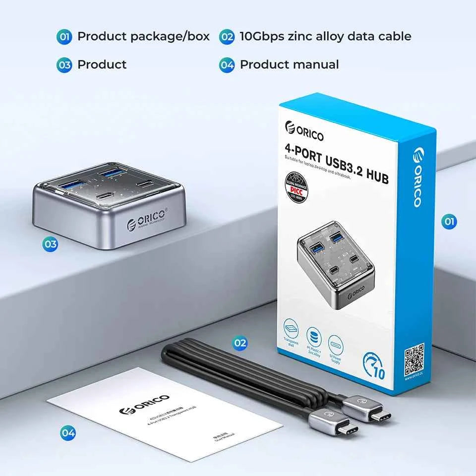 ORICO Multi 4 Port USB 3.2 Hub Splitter 10Gbps USB A Type C Slot Docking Station Multiple USB3.0 Adapter Extender for Laptop PC