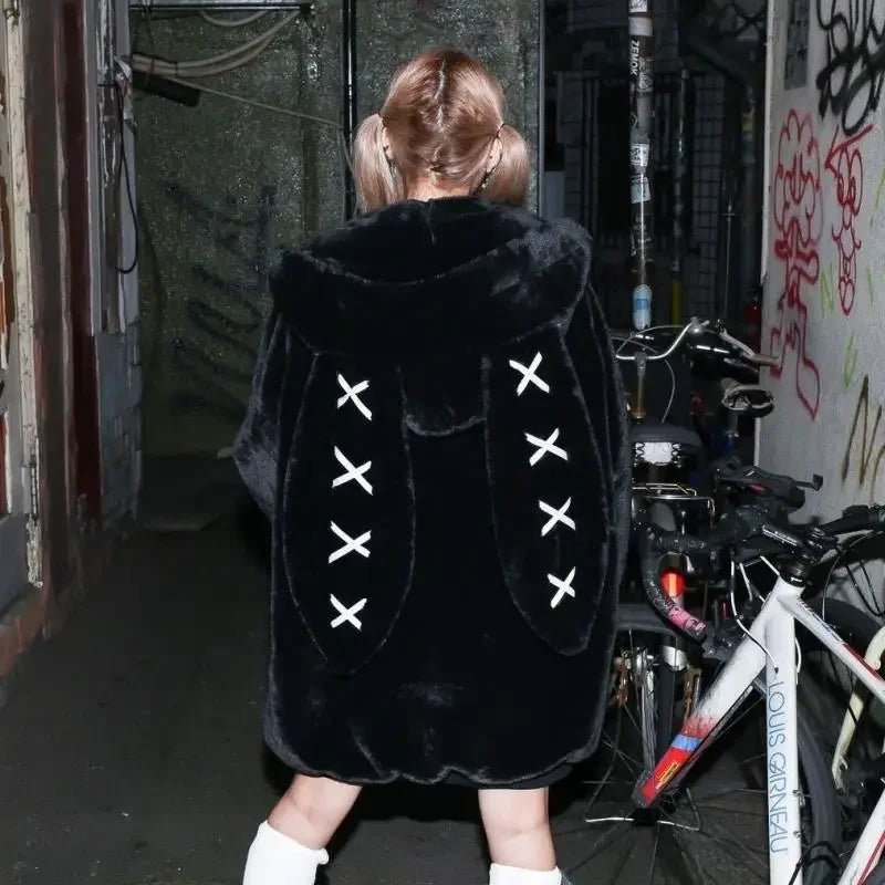 2026 New Harajuku Rabbit Ears Plush Coat Winter New Japanese Plush Coat Women Dark Punk Medium Plush Coat