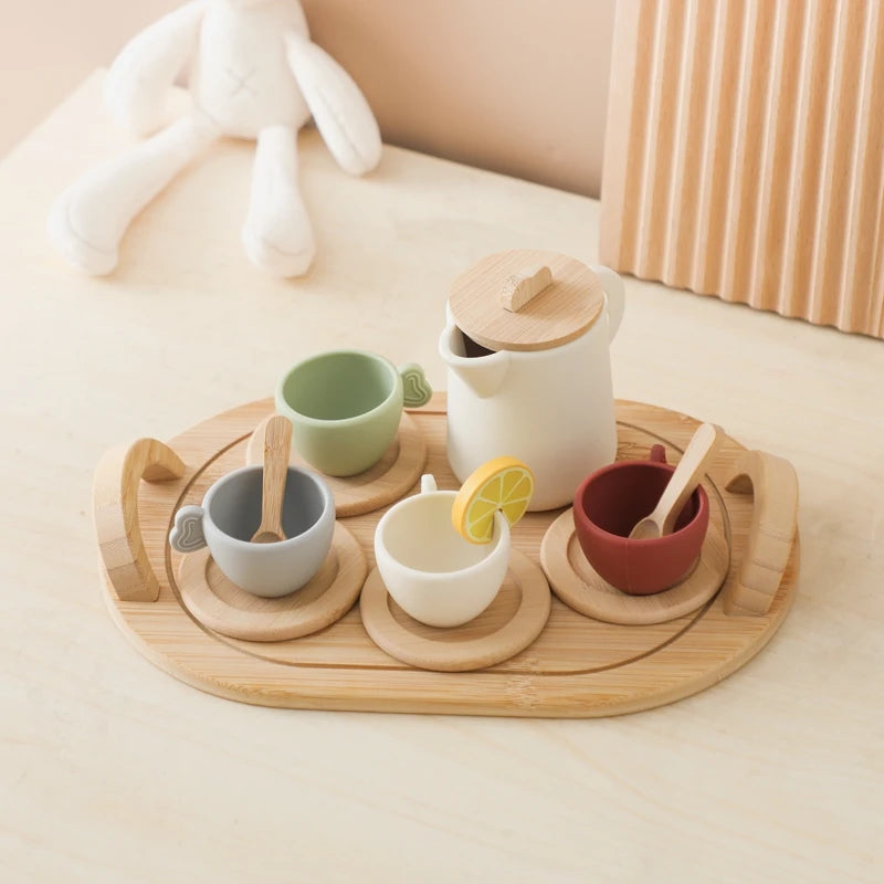 Baby Play Set 9pc Afternoon Tea Set Children's Play House Toy Afternoon Tea Set Pot Food Grade Silicone Toys for Girl Gifts