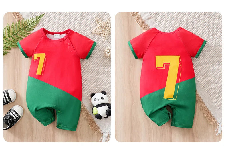 Newborn Baby Clothes Red and green Match colors No.7 Football suit 0 3 6 9 12 Months summer short-sleeved baby jumpsuit