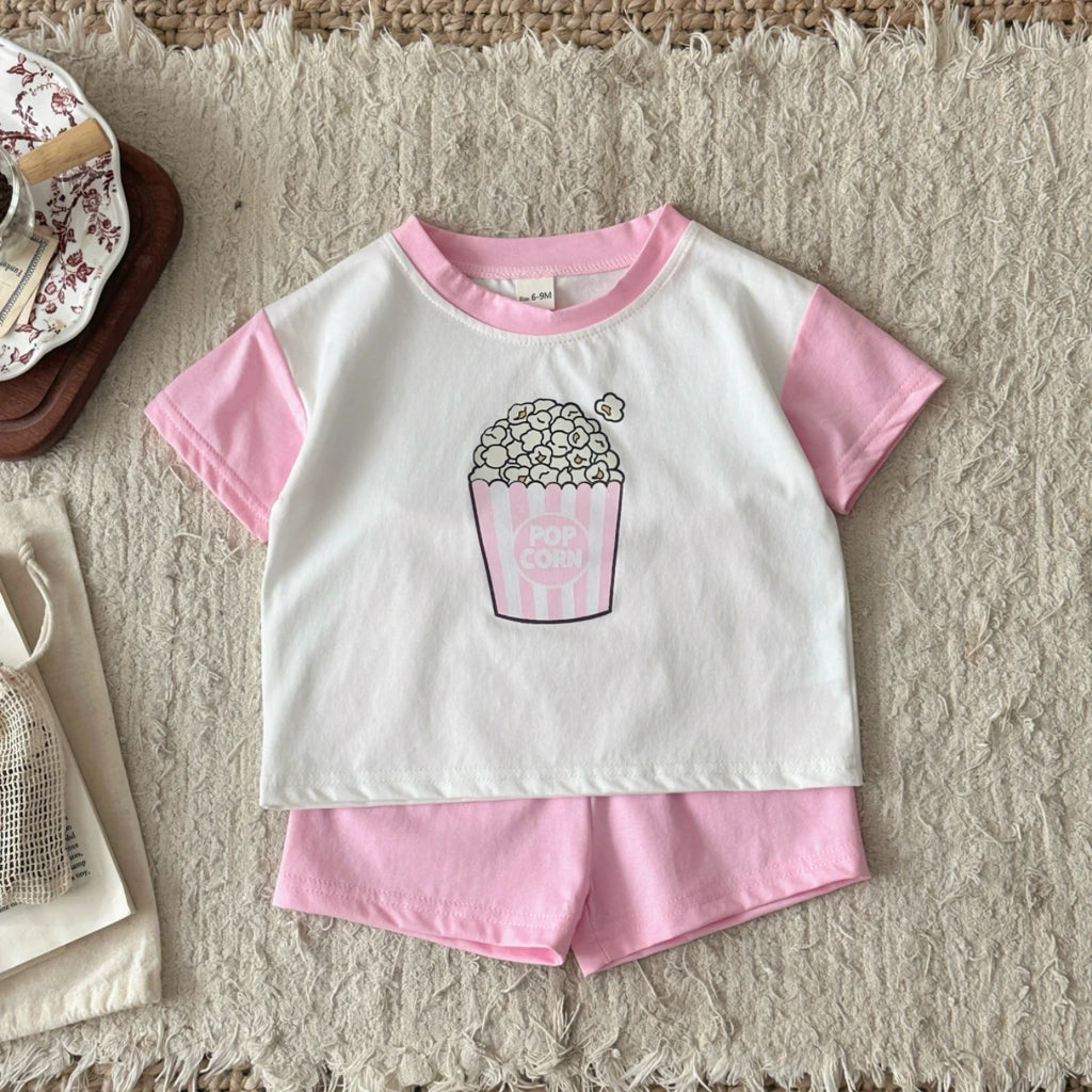 Infant 2PCS Summer Baby Girls Clothing Casual Newborn Set Cotton Popcorn Printed Short Sleeved T-shirt+Shorts