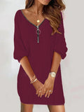 Sexy Zipper Mini Dress Women Winter Autumn V Neck Long Sleeve  Dresses Solid Color Casual Basic Robe
