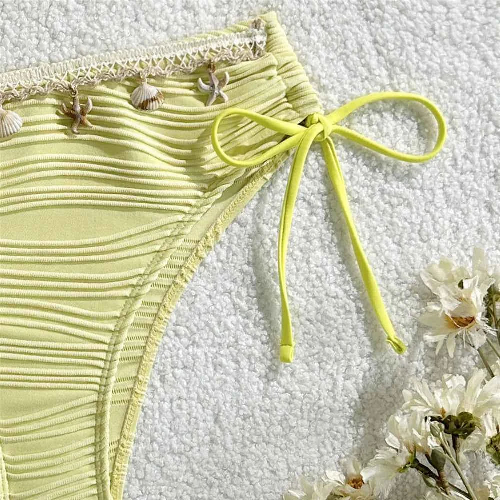 Shell Starfish Edge Bandeau Bikinis Sets Yellow Texture Solid Swimwears Sexy Swimsuit Women 2026 Lace-up Bathing Suit Bikini