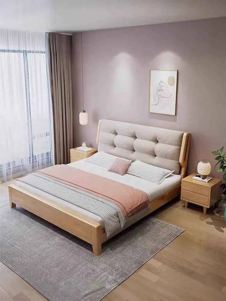 Home Furniture Bedroom Heavy Duty Wood Platform Dormitory Bed with Wood Headboard, Modern Double Bed Frame