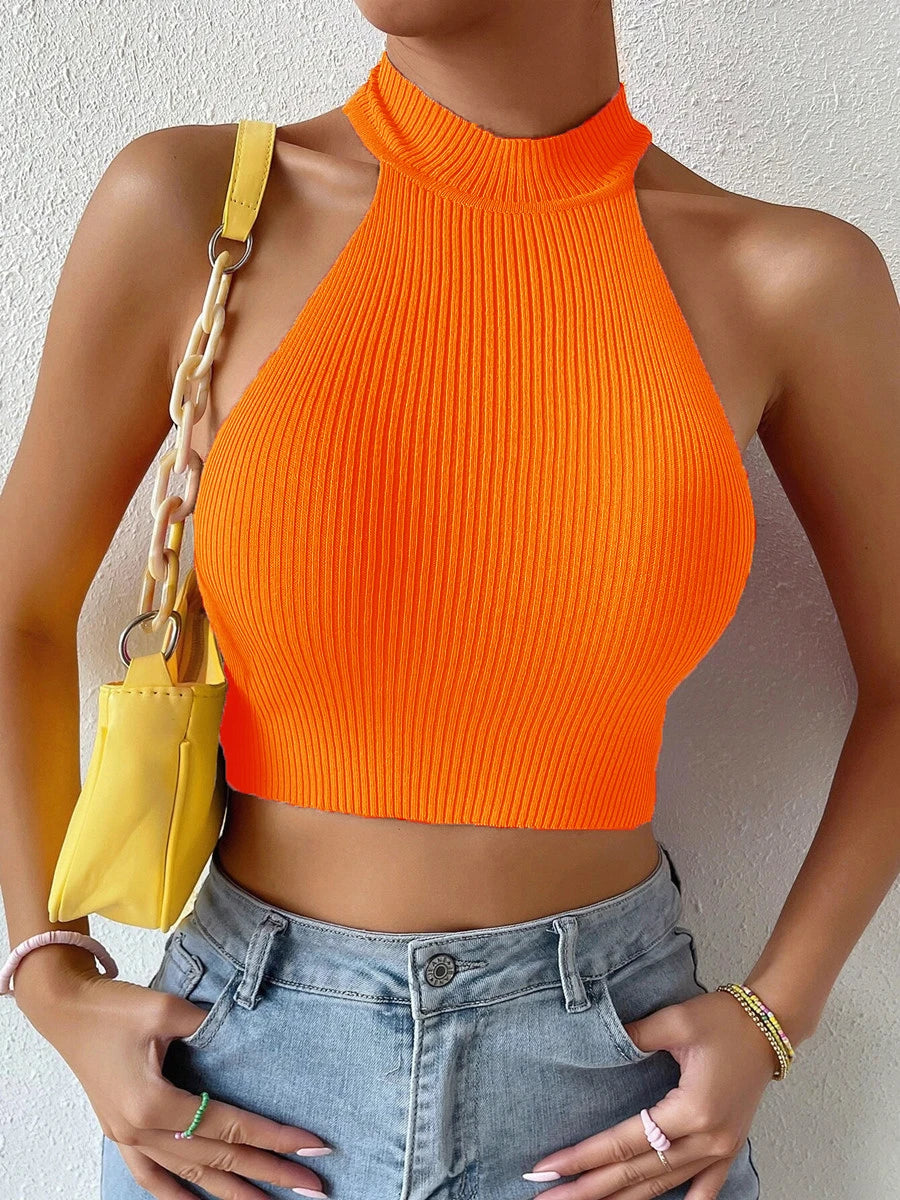 2026 Summer Fashion Women Basics Casual Knit Sleeveless Corset Halter Crossfit Crop Top Y2k Clothes Femme Stretch Sweater Tank