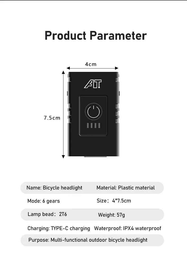 Bicycle Light T6 LED Bike Front Lamp 6 Modes Cycling Lantern Type-C Rechargeable MTB Bike Headlight Flashlight for Night Riding
