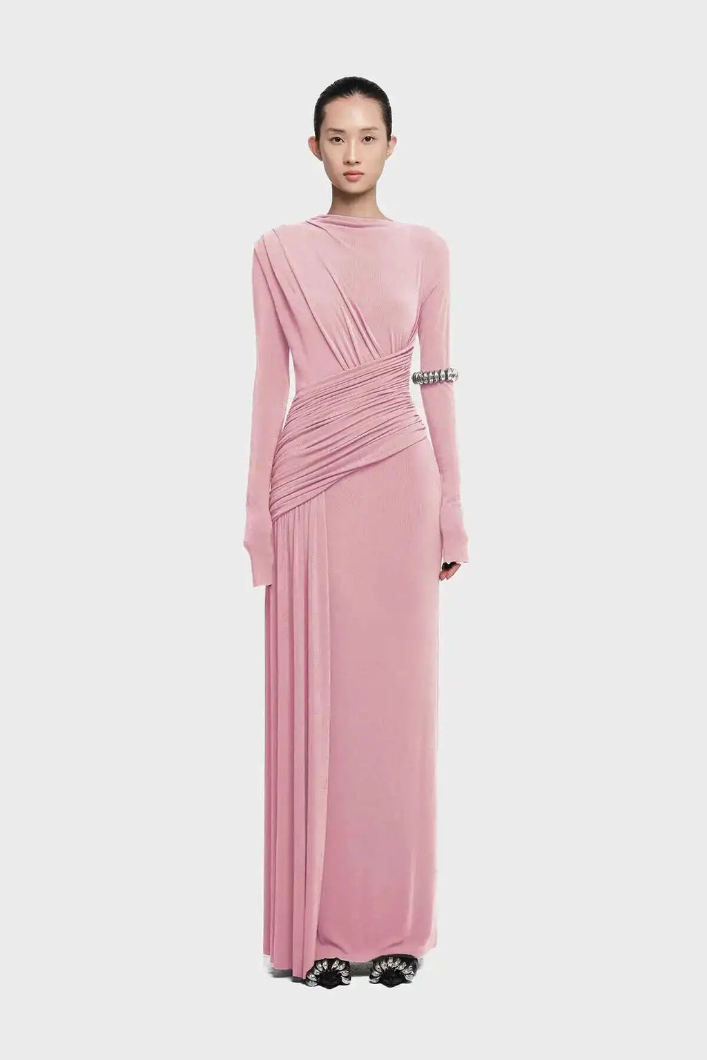 QMQA Fashion Women's Asymmetric Pleated Elegant Dress Solid Color Long Sleeve High Waist Slimming Party Dresses 2025 New QM519