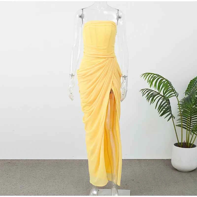 Lady Sexy Strapless Split Solid Pleated Dress Women Chic Backless High Waist Off-shoulder Dresses 2026 New Evening Party Gowns
