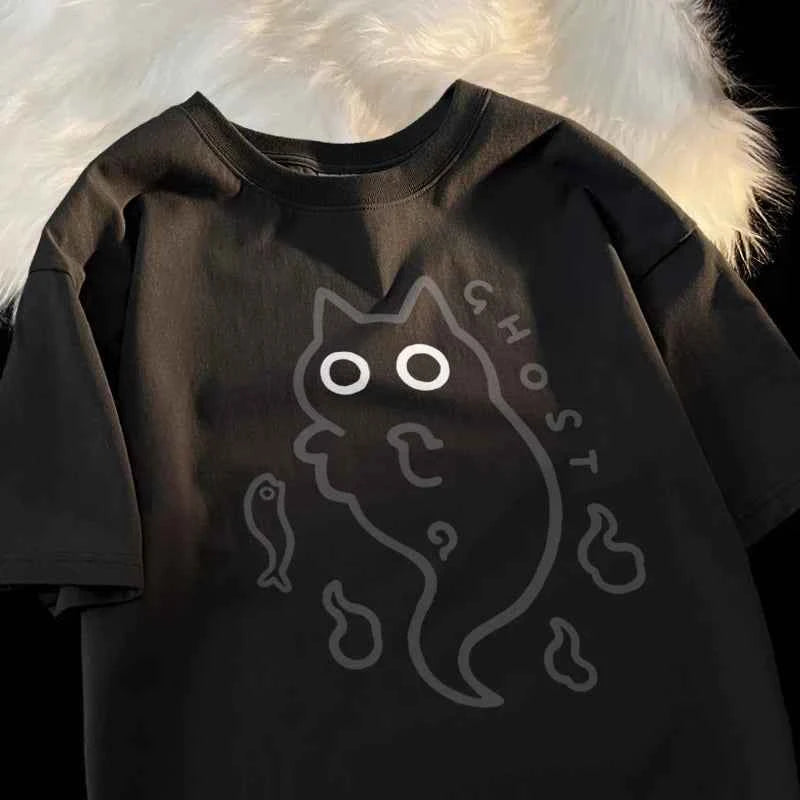 Ghost Cat Loose Short Sleeved T-shirt for Women Original Japanese Fashion Brand Couple Pure Cat Transparent Ghost Cat