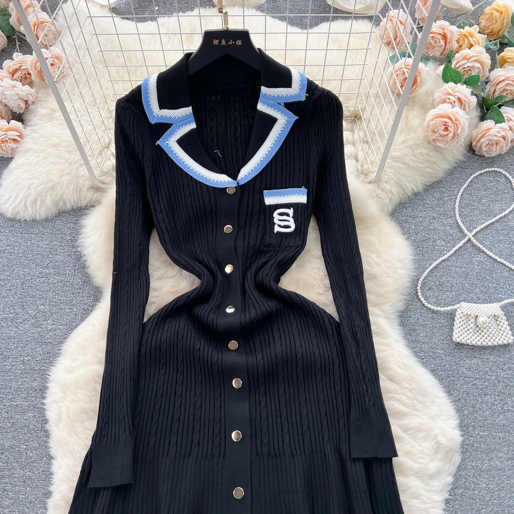 SINGREINY Autumn Winter Wear Dress Women Polo Single Breasted Pocket Design Bodycon Knitting Temperament Sweater Long Dresses