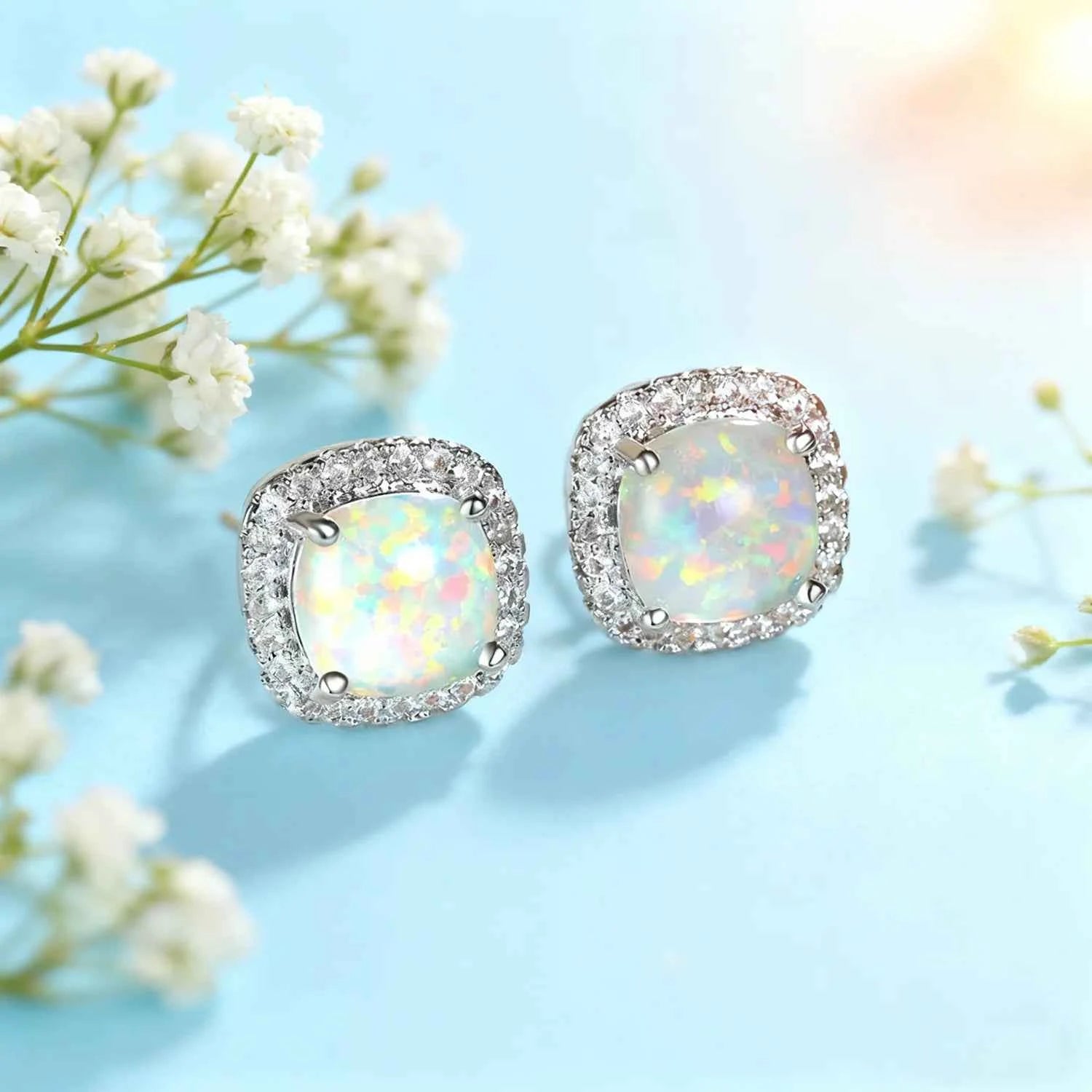 Multi-Color Available Opal Stone & Zirconia Earrings,Elegant Square Opal Studs,Silver Color Daily Luxury Jewelry,Gift for Women