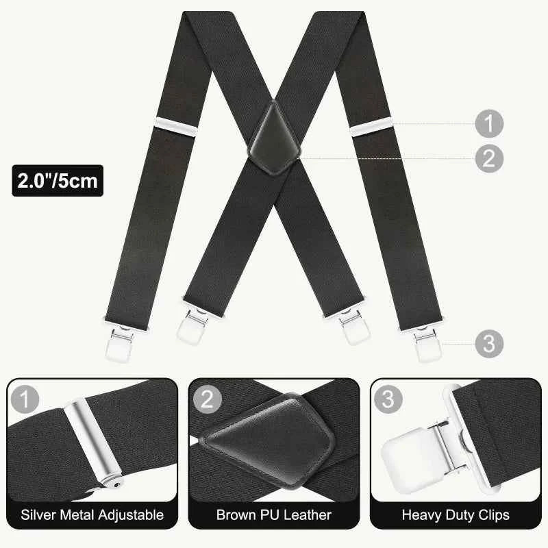 Men's Heavy-Duty 2-Inch Wide Adjustable Elastic Work Suspenders with Sturdy Clips X-Back Design for Durable Support