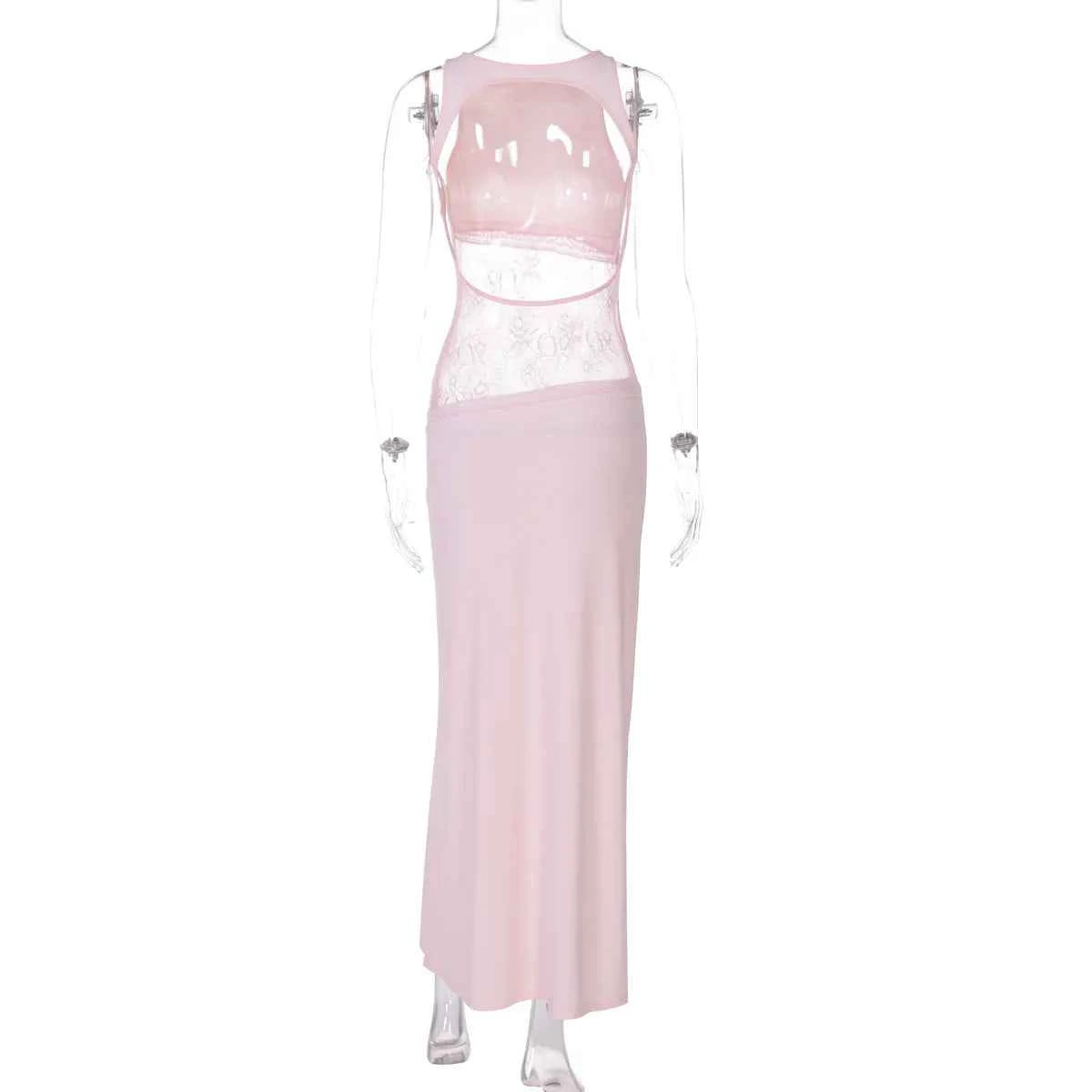Woman's Elegant Sleeveless Lace Patchwork Evening Dress Black High Street O-neck Backless Hollow Out Slim Long Party Dresses