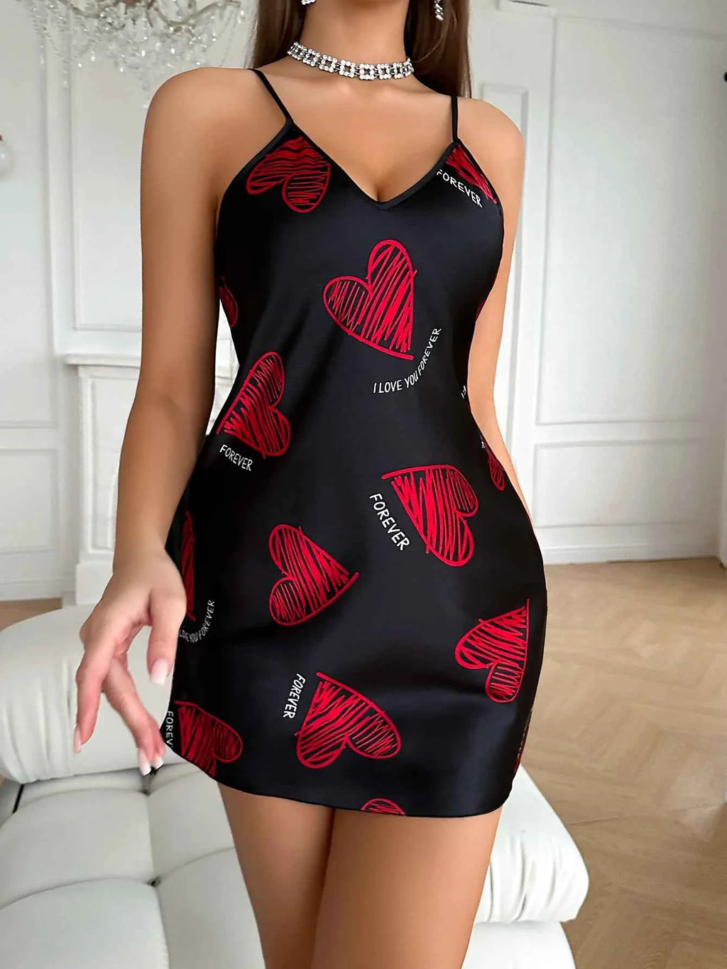 Valentine's Day Red Lip Print Satin Slip Nightdress V Neck Backless Mini Sleep Dress  Women's Sleepwear Dresses
