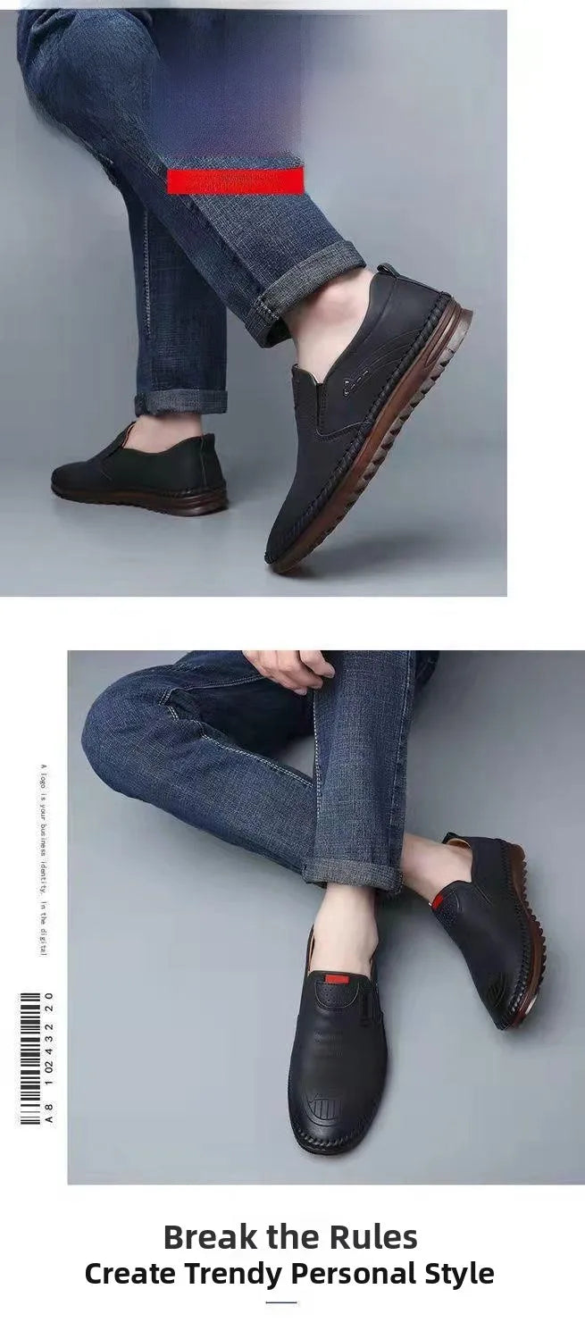 Fashionable Soft Leather Men's Shoes Wear-Resistant Bean Bean Shoes Breathable round Toe Flat Heel Casual Shoes for Spring