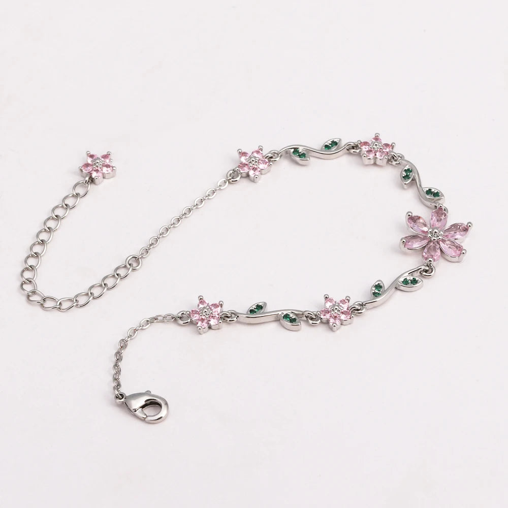 Luxury New Fashion Exquisite Green Leaf Flower Bracelet For Women Pink Cubic Zirconia Chain Shiny Rhinestone Bangle Jewelry