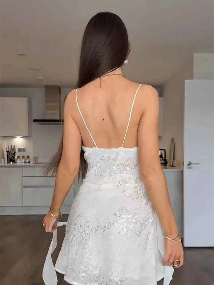 Glitter Flounce Mini Dress Woman Cinched Waist Sleeveless A-Line Halter Dresses Sexy Chic Women's Fashion Summer Short Dresses