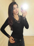 Women's V-neck Lace Splicing Top European American Style Autumn New Waist Exposed Umbilical Fashionable Casual Wear
