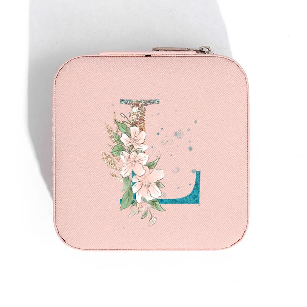A-Z Alphabet Print Pink Travel Jewelry Organizer with Zipper Closure and Fabric Lining