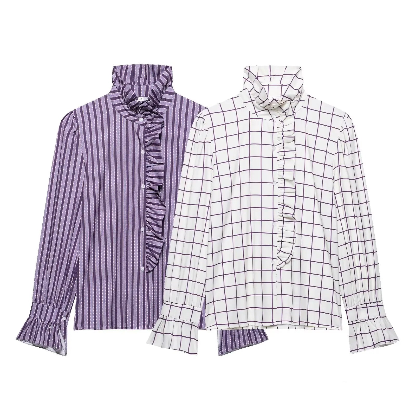 Sweet Women Ruffles Plaid Purple Shirts 2025 Fashion Ladies Casual Stand Collar Blouses for Party Female Elegant Tops Clothes