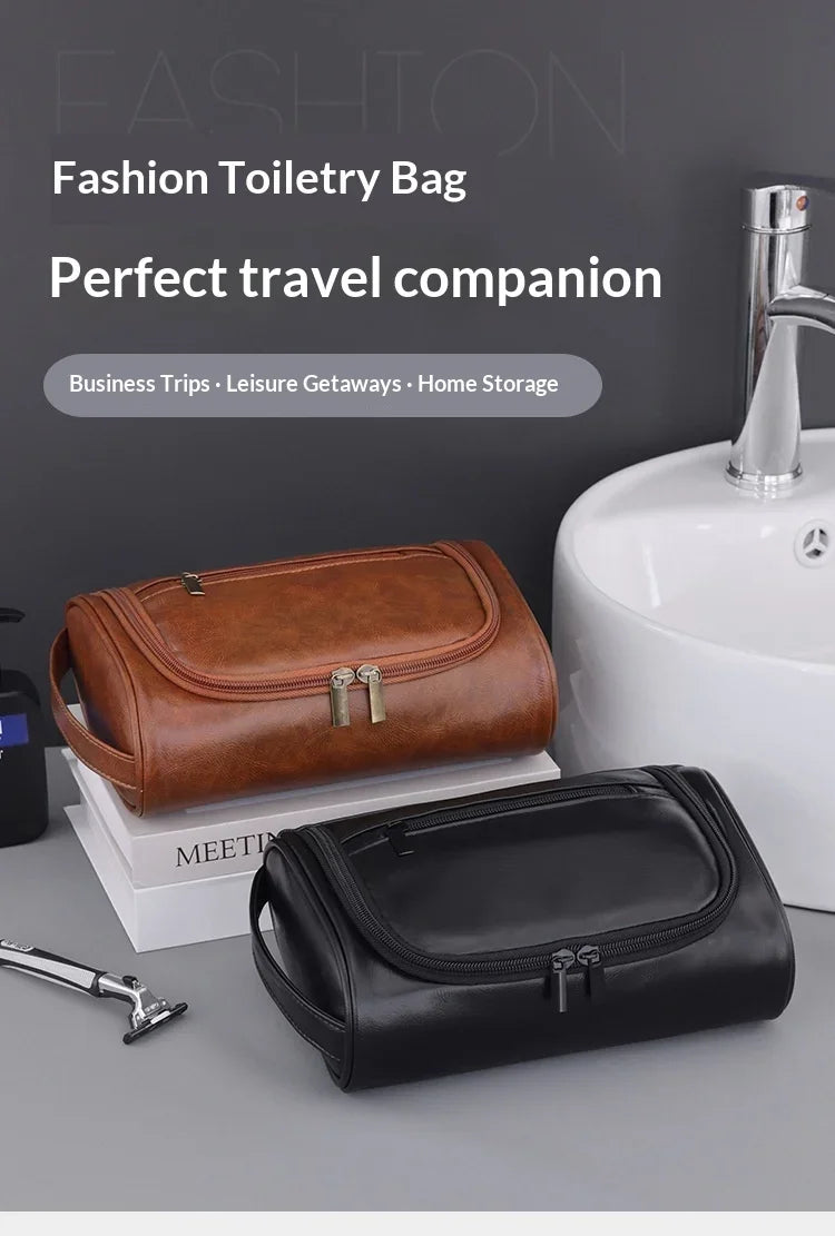 Large Capacity Men Leather Wash Bag Travel Business Trips Portable Cosmetic Bag Multi Pocket Design Handheld Leather Wash Bag LI
