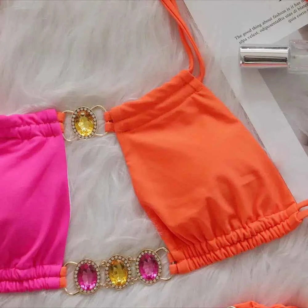 2026 Splicing Halter Diamond Bikini Women Swimsuit Female Swimwear Two Pieces Bikini Set Hollow Out Bathing Suit Swim Beach Wear