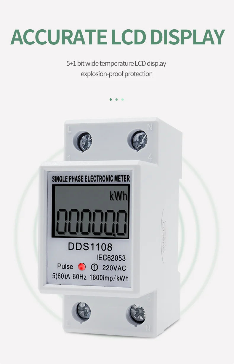 LCD Digital Display Power Consumption Meter Single Phase Energy Meter Watt Wattmeter kWh 230V AC 50Hz 60A Electric Din Rail