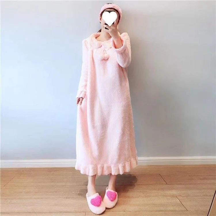 2025 Winter Long Sleeve Thick Warm Flannel Nightgowns for Women Korean Cute Coral Fleece Sleepwear Night Dress Nightdress Nighty