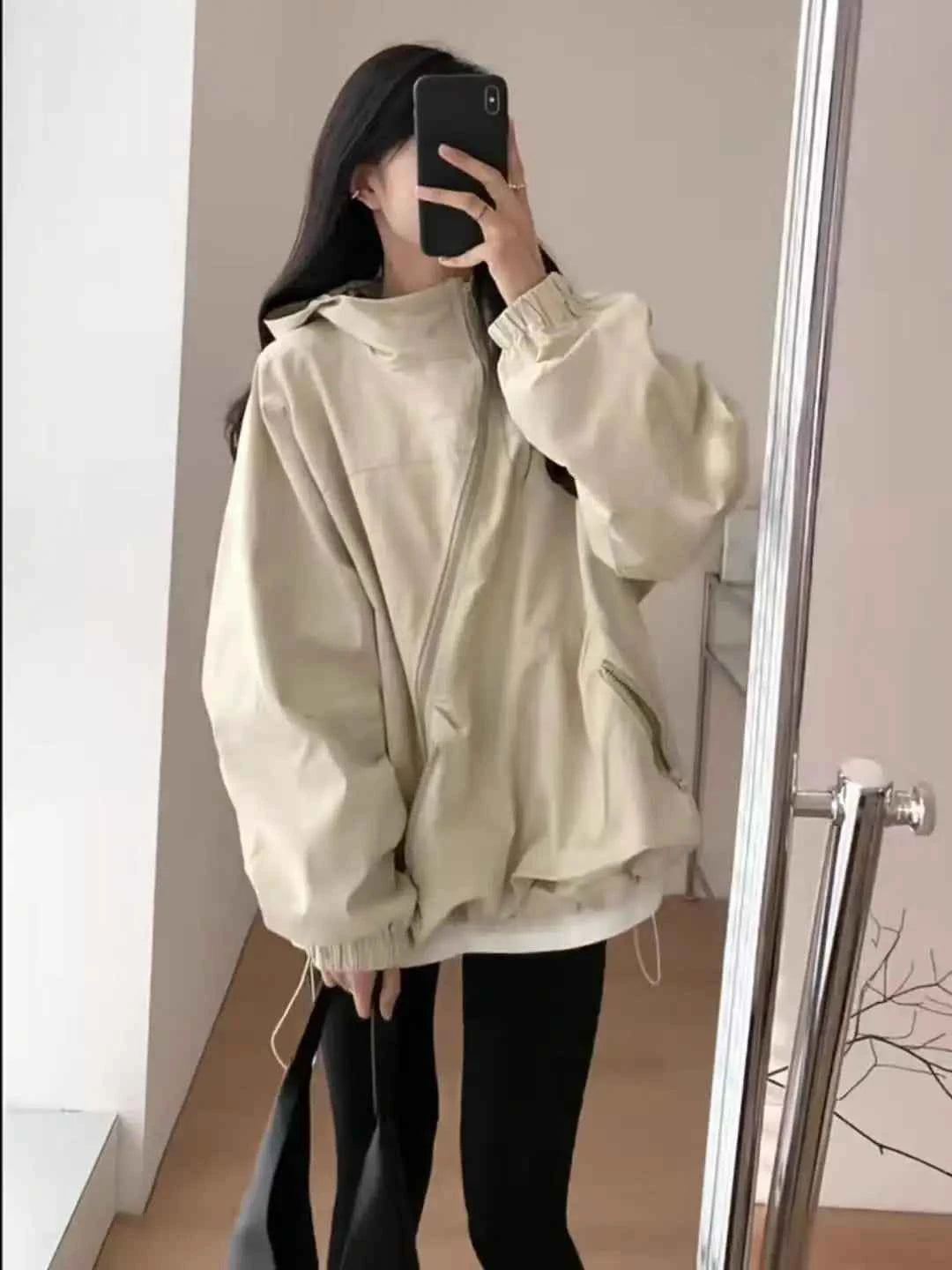 Women Hooded Jackets Diagonal Zipper Design Vintage Autumn Baggy Fashion BF Style Outdoor Chaqueta Mujer Leisure All-match Lady
