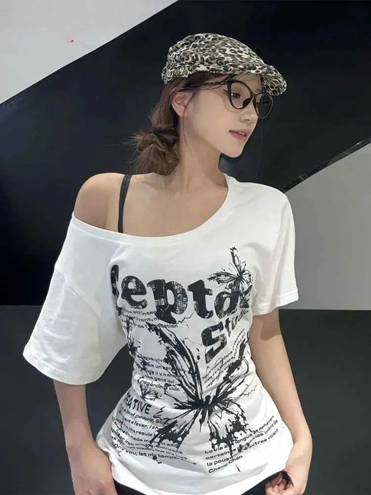 White Cotton Y2k Vintage Oversize Off shoulder Short sleeve T shirt With Print Women Casual Summer Top Butterfly Tees