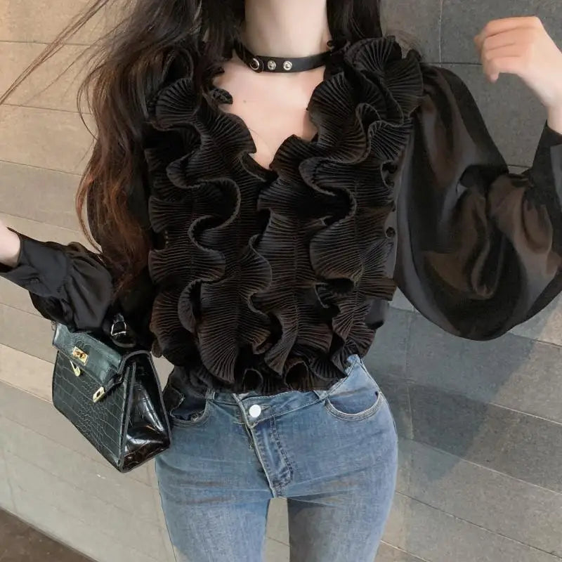 Temperament Lady Tops Blouses for Women V-neck Long Sleeve White Shirts 2025 Blusas Mujer De Moda Ruffles Loose Summer Blouse