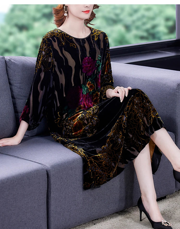 Large Size Gold Velvet Dress Women's Autumn New High-End Mulberry Silk Burnt Flower Dress Luxurious Temperament Vestidos