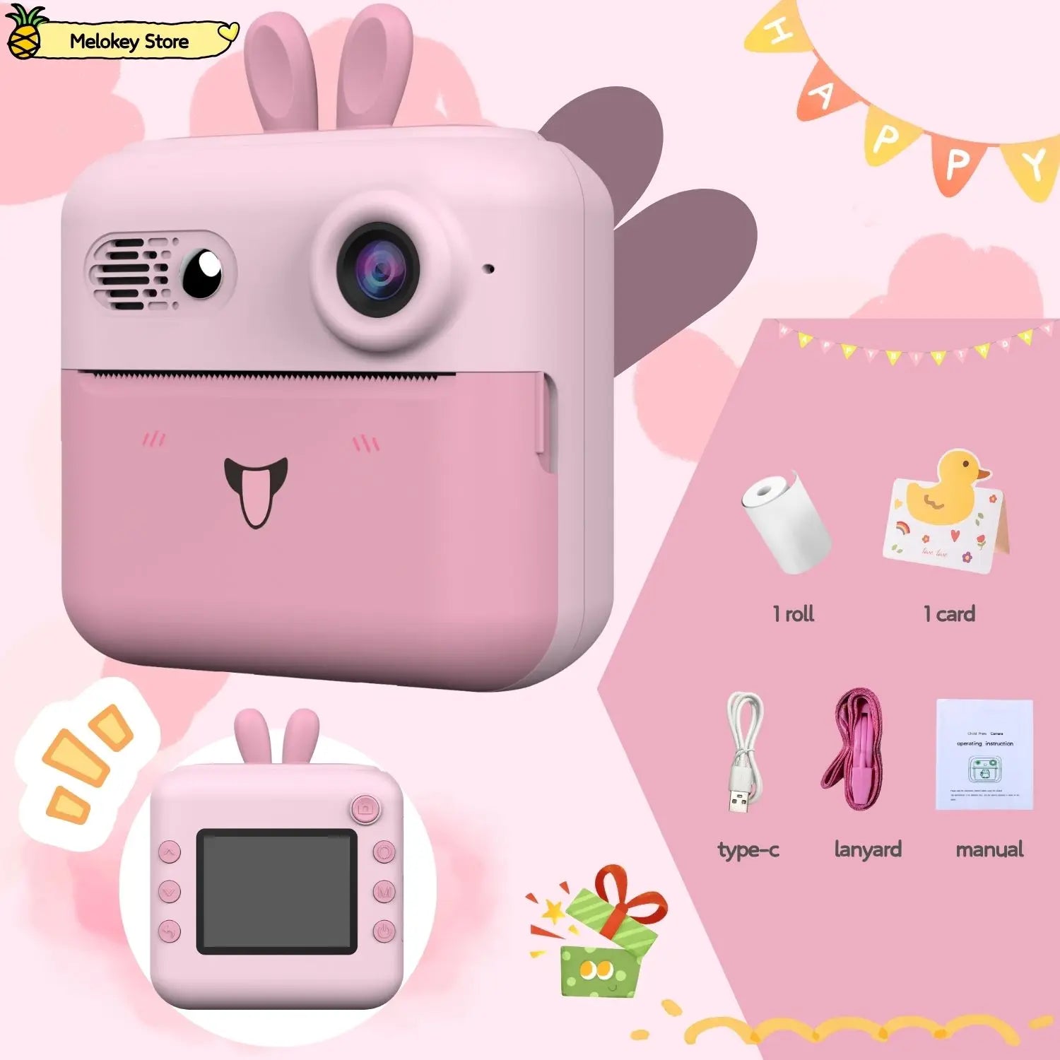 Kids Photo Camera Printer with Game Cute Bunny Mini Digital Video Child Instant Print Camera 4-12 Years Kids Girls Boyes Gifts