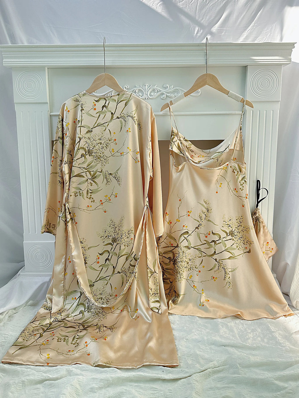 Floral Print Pajama Set Long Sleeve Robe With Belt   V Neck Slip Dress  Women's Sleepwear  Loungewear