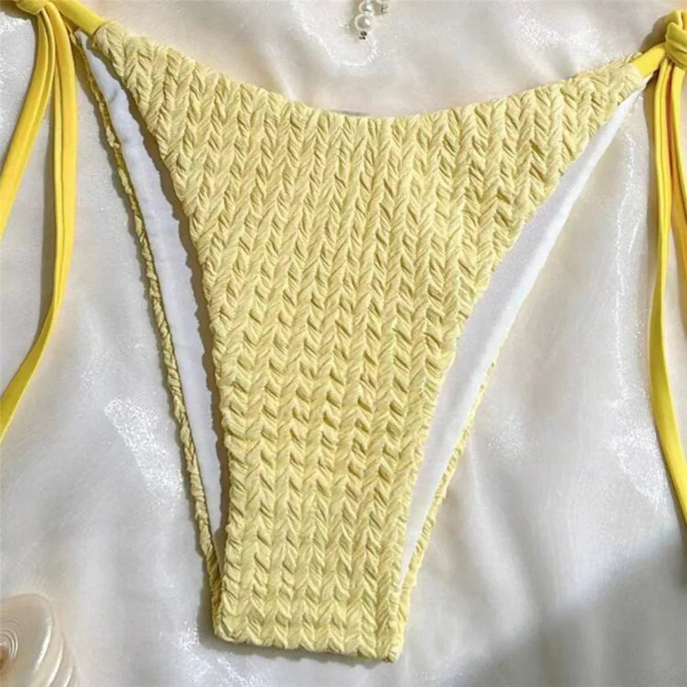 Yellow Halter String Triangle Micro Bikini Thong Solid Swimwears Bow Pearl Sexy Swimsuit Women Bathing Suit Bikinis Sets 2026