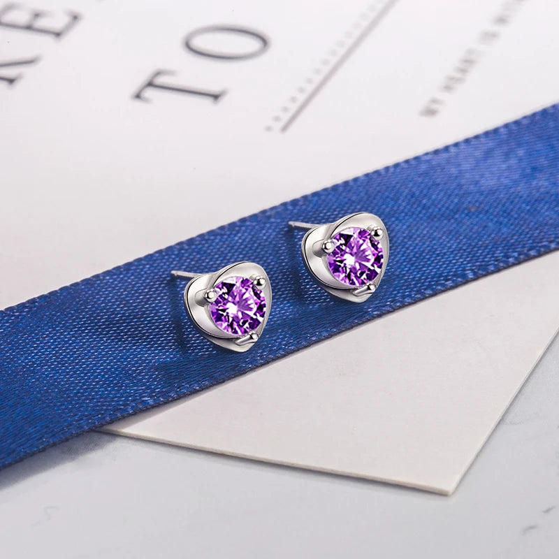 Genuine 925 Sterling Silver Fshion Jewelry Crystal Heart Stud Earrings For Women New XY0208