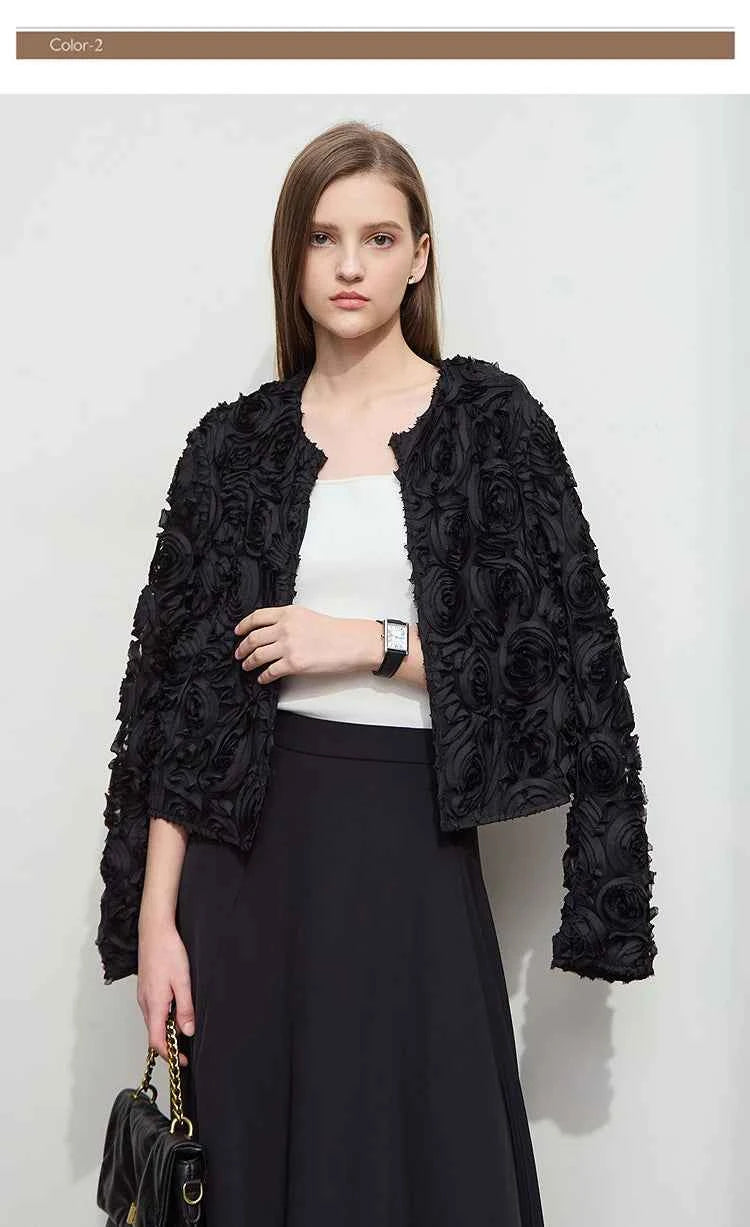 AMII Minimalism Short Jacket Women 2025 Autumn New Elegant Romantic Stereoscopic Flower O-Neck Hook Button Outwear Coat 12521066