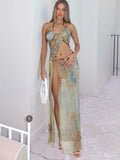 Weird Puss Hollow Halter Dress Women See through Summer Trend Sleeveless Waistless Vintage Print Long Bodycon Clubwear Vestidos