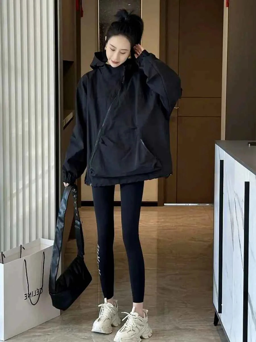 Women Hooded Jackets Diagonal Zipper Design Vintage Autumn Baggy Fashion BF Style Outdoor Chaqueta Mujer Leisure All-match Lady