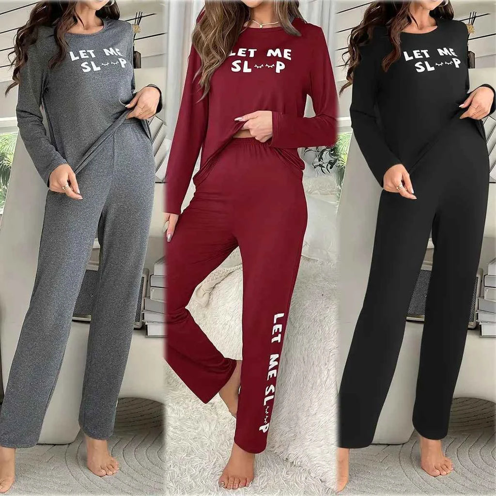 Women's Letters Print Pajamas Set Solid Simple Style Long Sleeve Crew Neck Top And Elastic Pants Trendy Women's Sleepwear