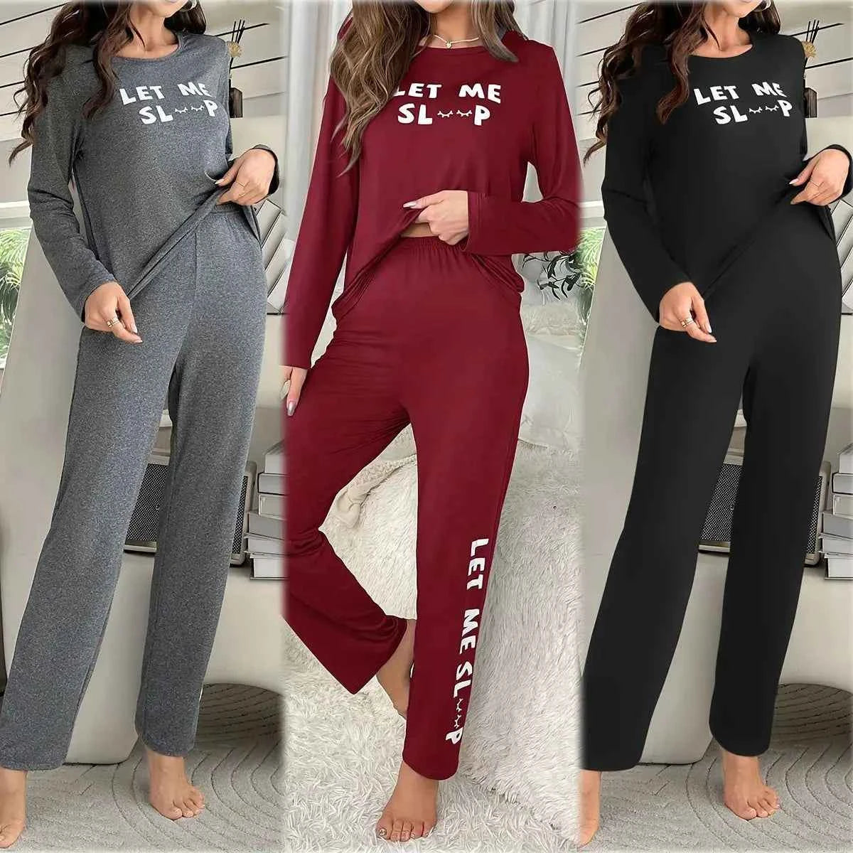 Women's Letters Print Pajamas Set Solid Simple Style Long Sleeve Crew Neck Top And Elastic Pants Trendy Women's Sleepwear
